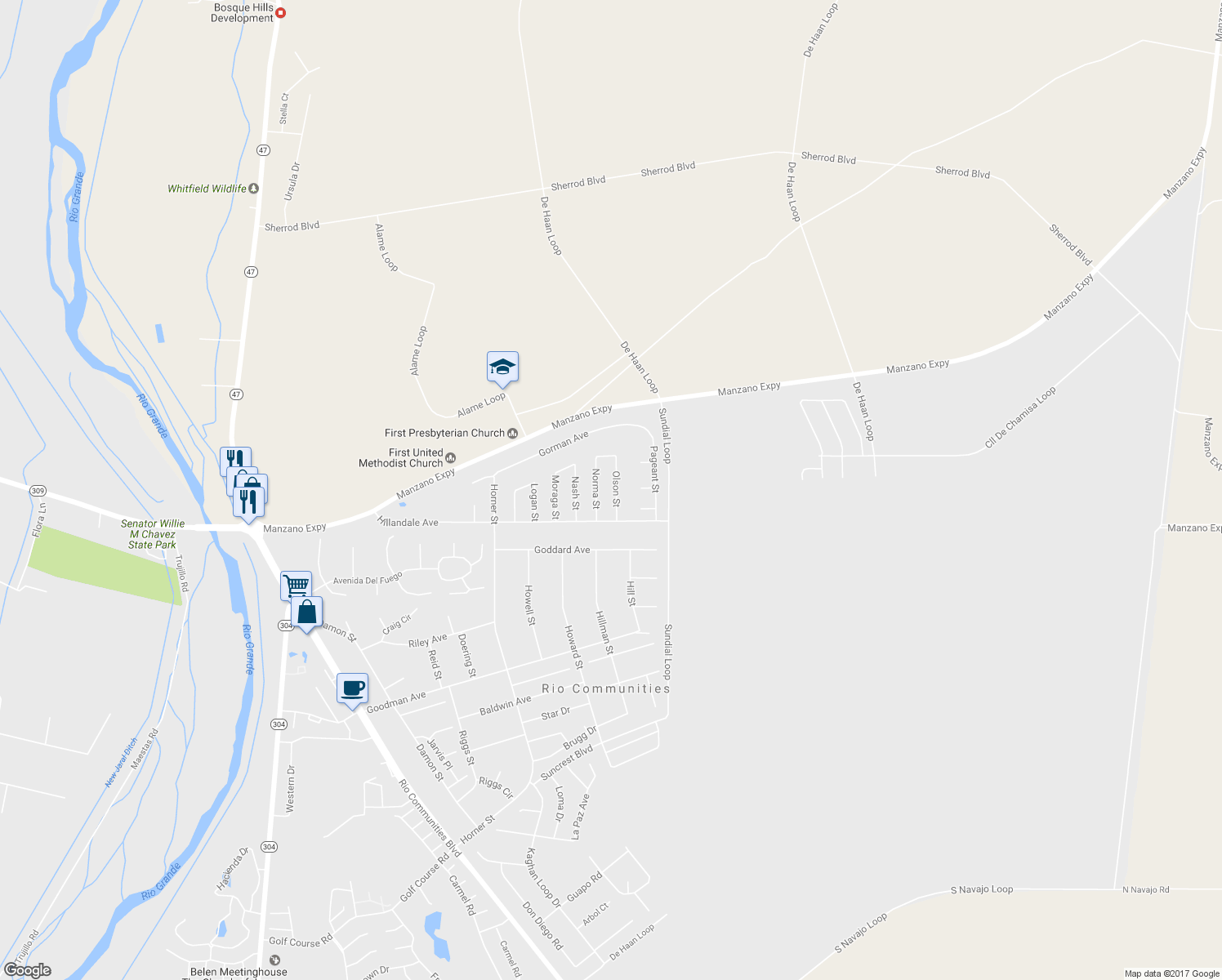 map of restaurants, bars, coffee shops, grocery stores, and more near 89 Olson Street in Belen