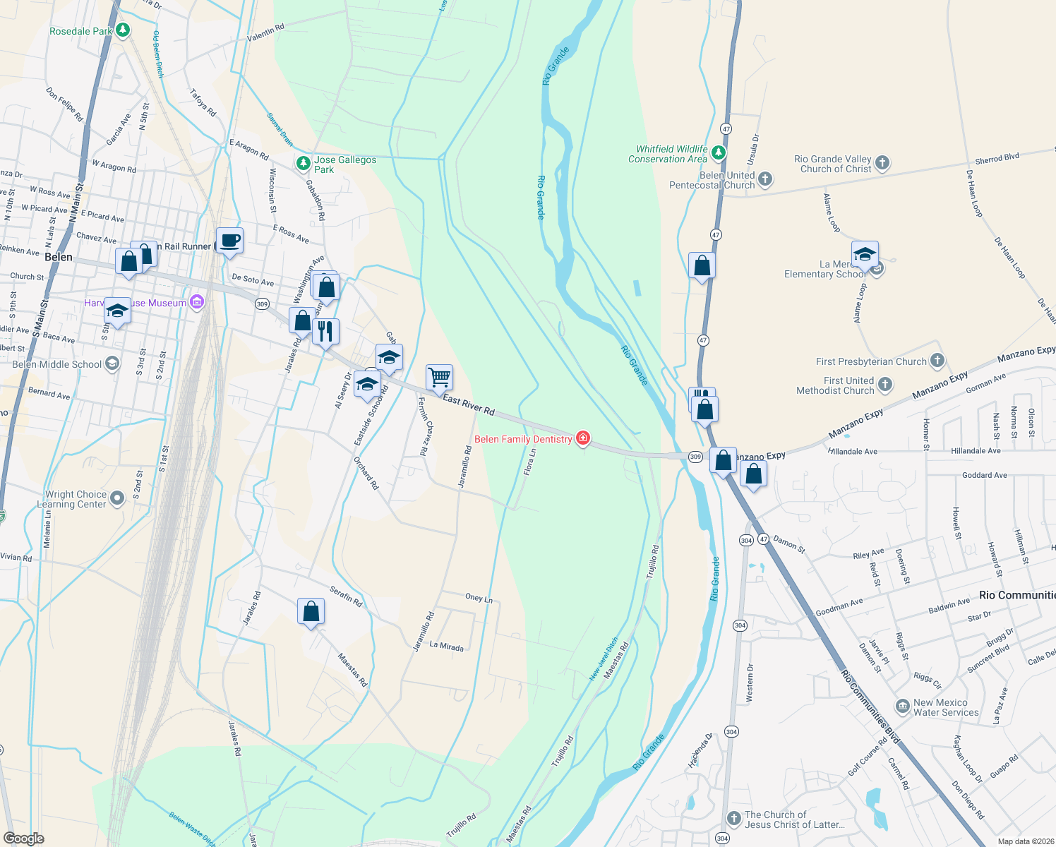 map of restaurants, bars, coffee shops, grocery stores, and more near 1243 East River Road in Belen