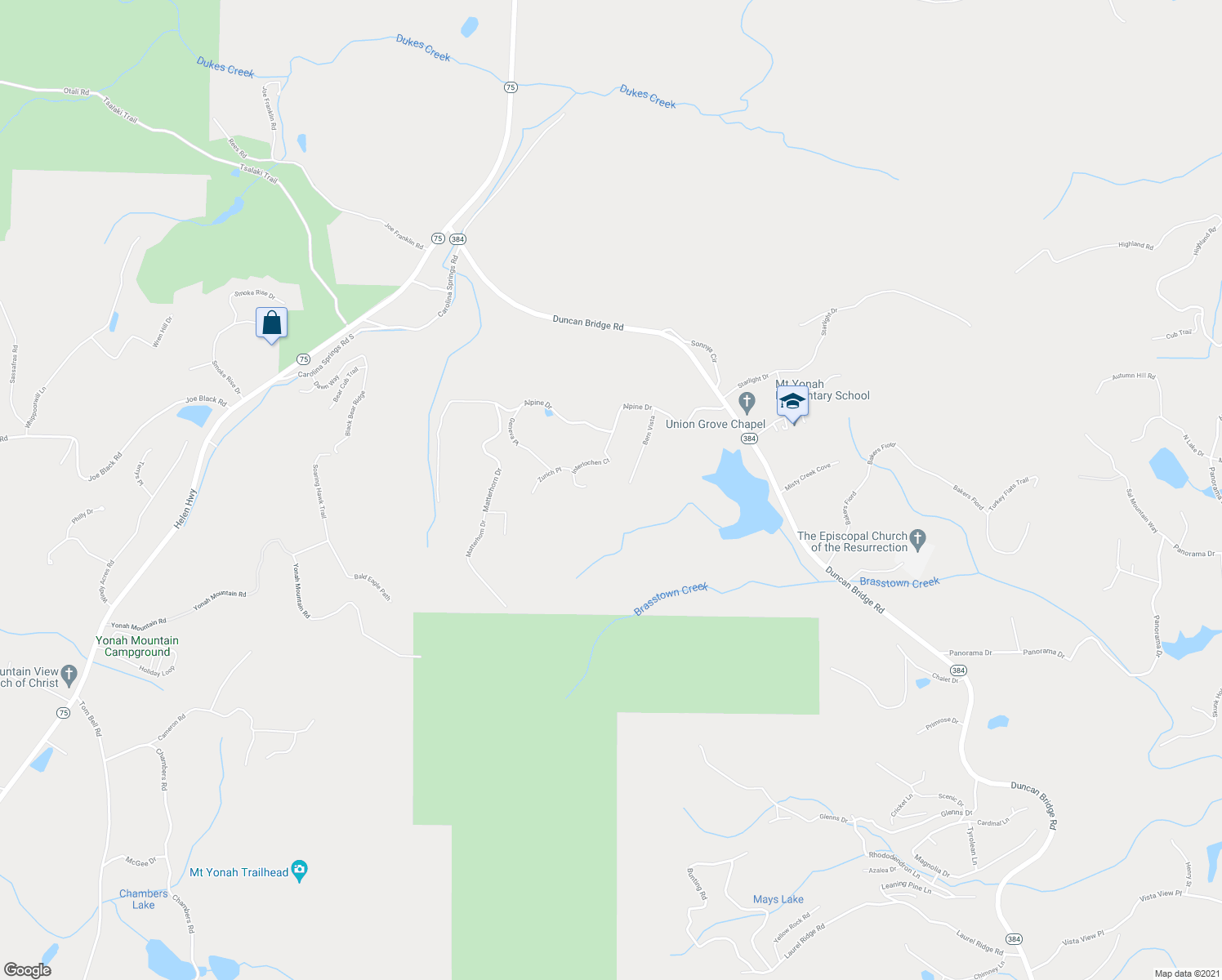 map of restaurants, bars, coffee shops, grocery stores, and more near 274 Bern Vista in Sautee Nacoochee