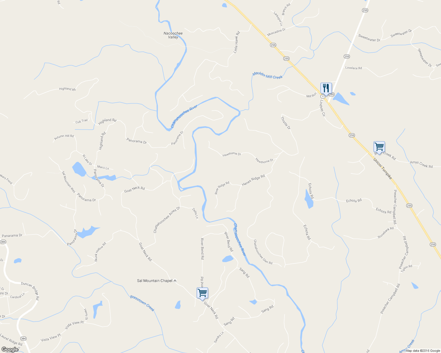 map of restaurants, bars, coffee shops, grocery stores, and more near 366 Crabapple Ridge in Clarkesville