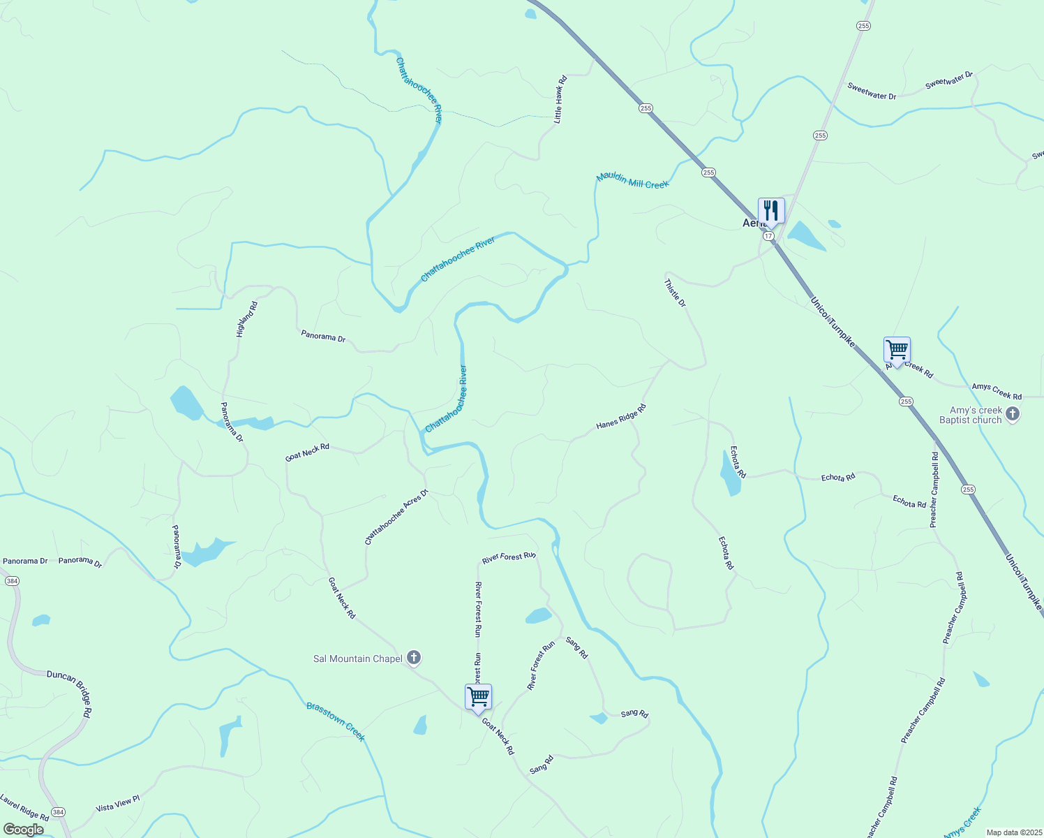 map of restaurants, bars, coffee shops, grocery stores, and more near 366 Crabapple Ridge in Clarkesville