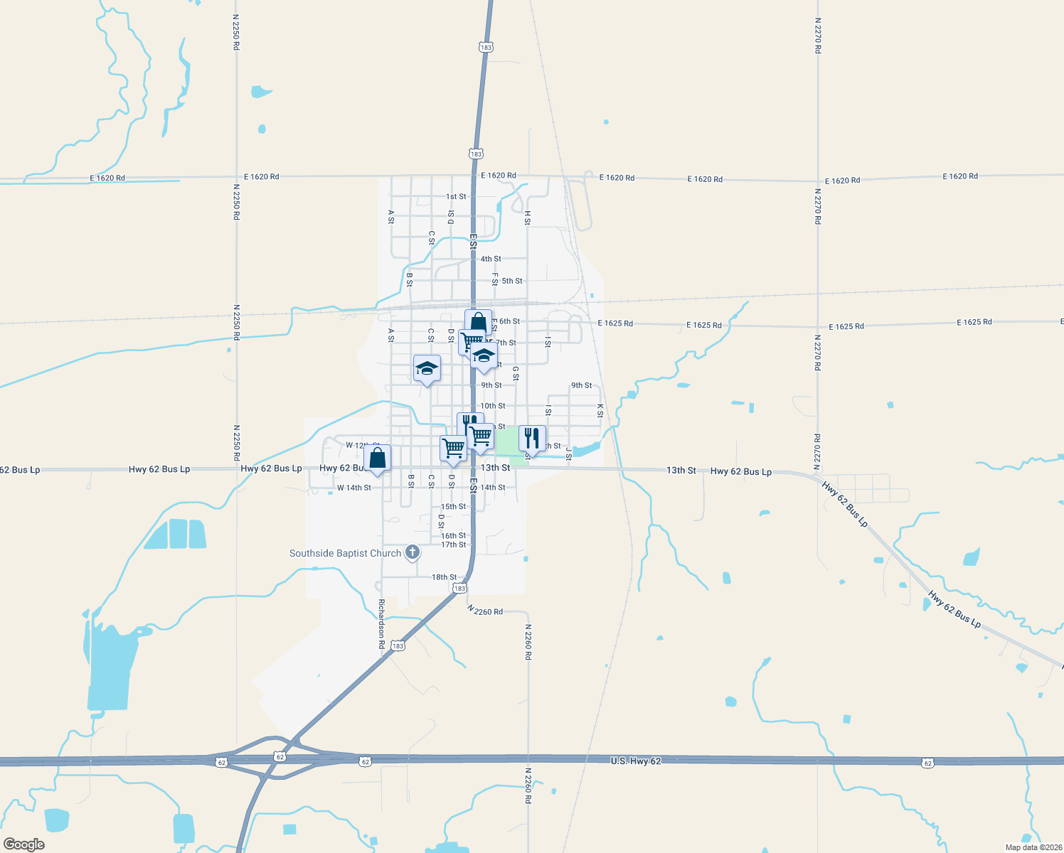 map of restaurants, bars, coffee shops, grocery stores, and more near 820 11th Street in Snyder
