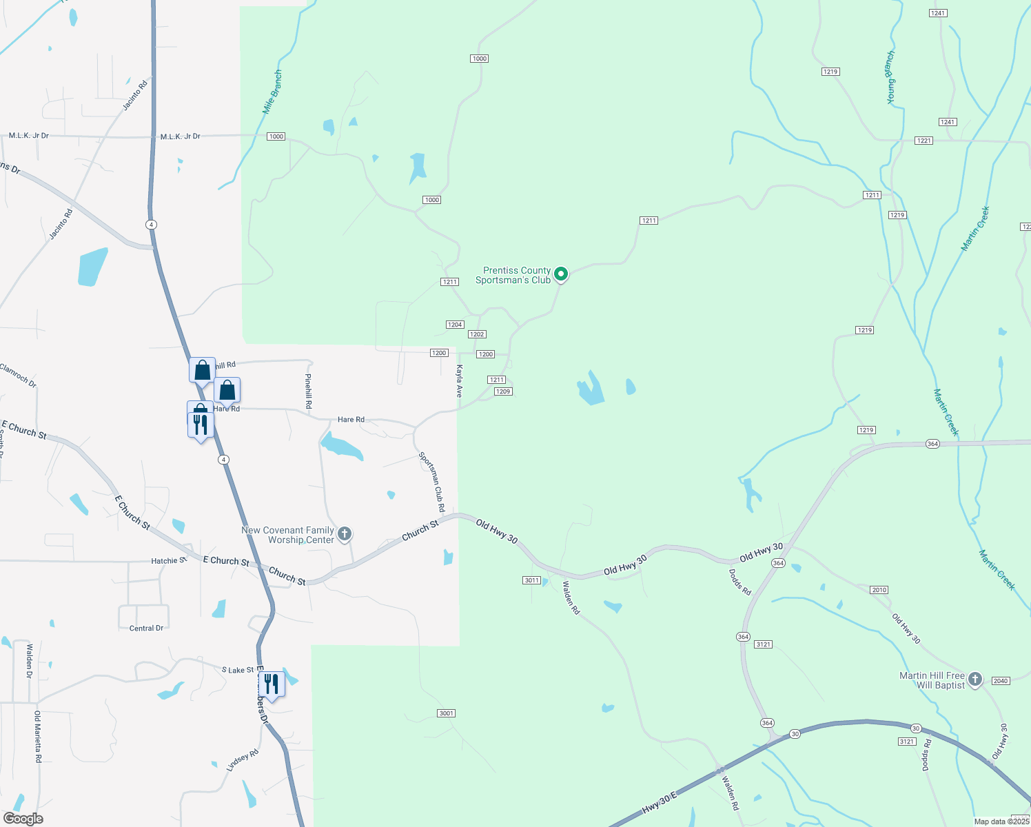 map of restaurants, bars, coffee shops, grocery stores, and more near 11 County Road 1209 in Booneville