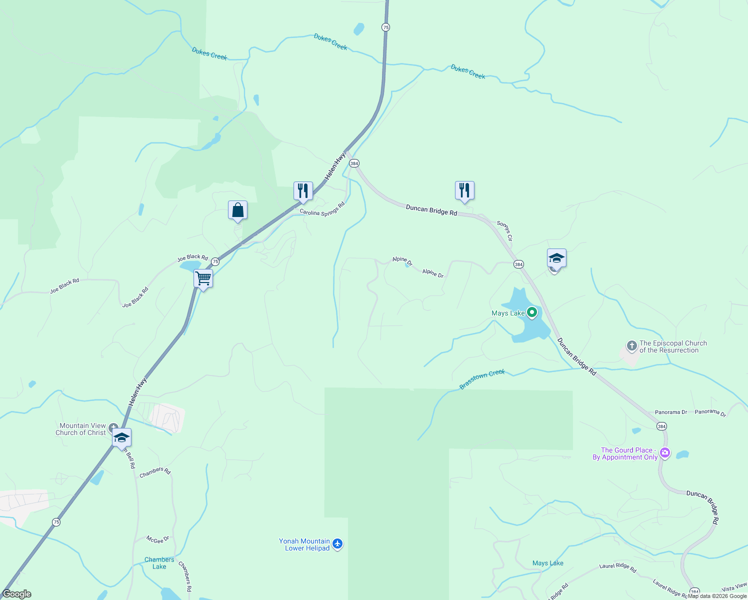 map of restaurants, bars, coffee shops, grocery stores, and more near 222-270 Matterhorn Drive in Sautee Nacoochee