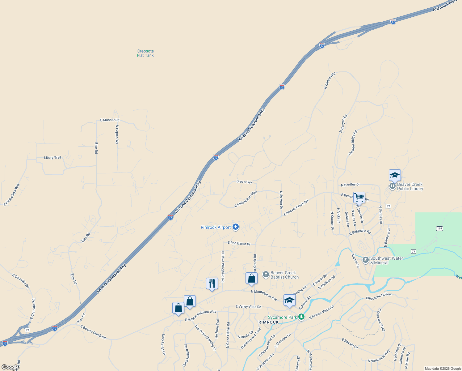 map of restaurants, bars, coffee shops, grocery stores, and more near 3117 Drover Way in Lake Montezuma