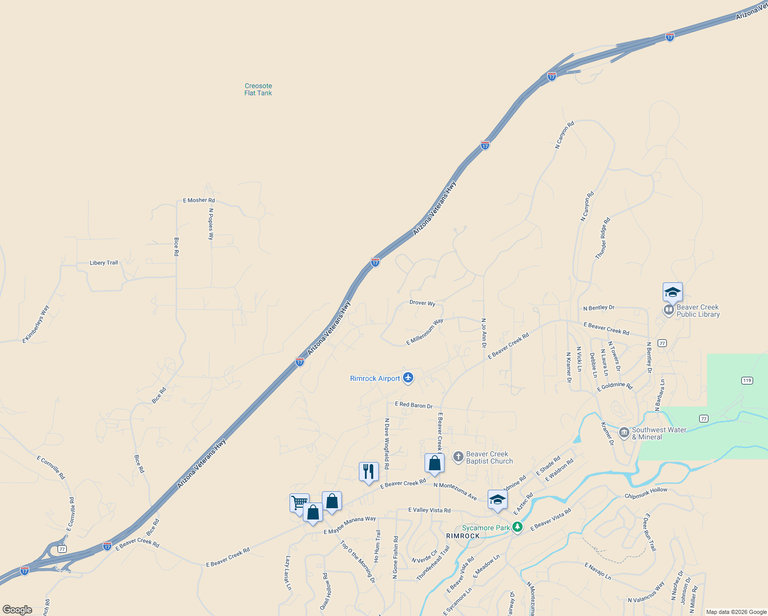 map of restaurants, bars, coffee shops, grocery stores, and more near 5965 North Pueblo Nuevo Place in Lake Montezuma