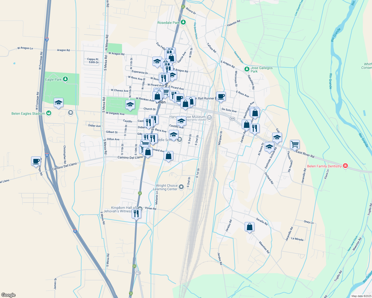 map of restaurants, bars, coffee shops, grocery stores, and more near 411 South 3rd Street in Belen