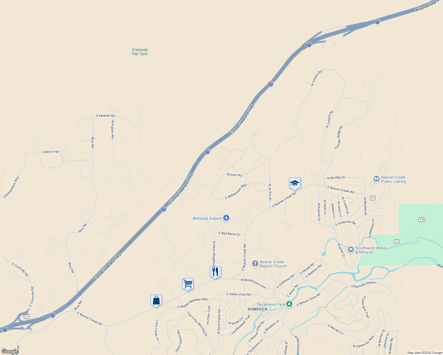 map of restaurants, bars, coffee shops, grocery stores, and more near 3117 Forest Lane in Lake Montezuma