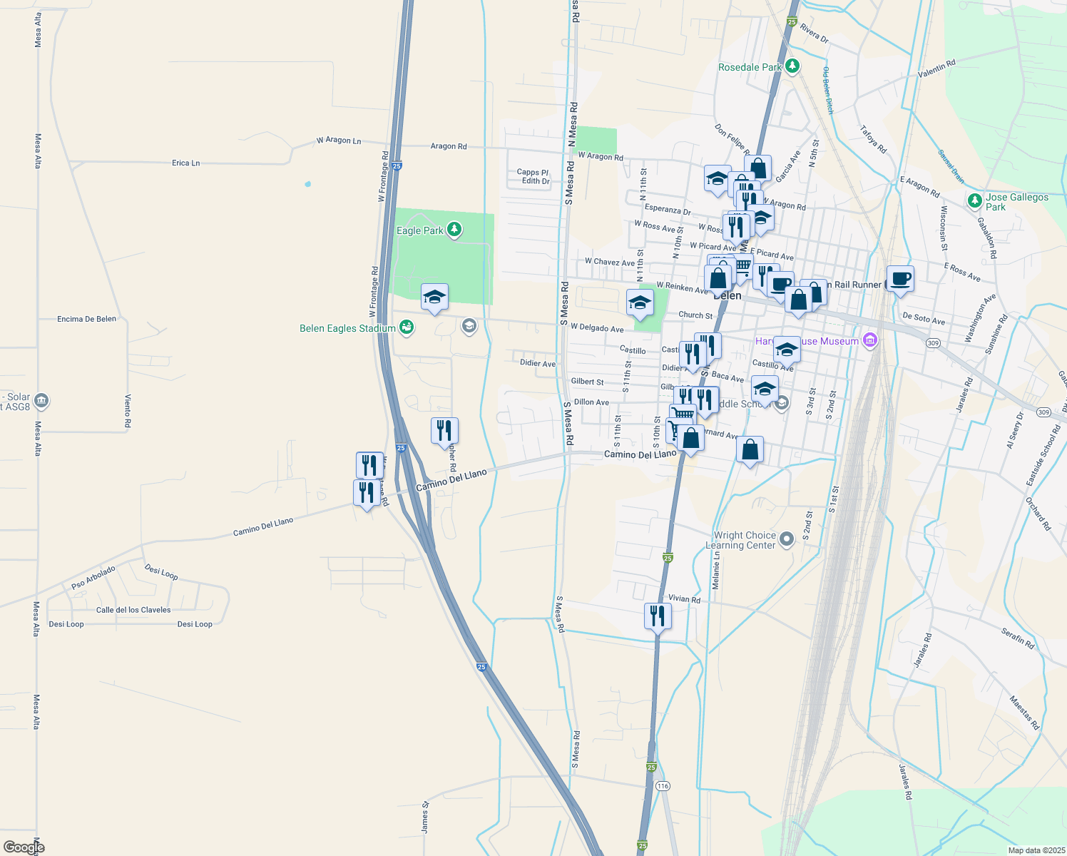 map of restaurants, bars, coffee shops, grocery stores, and more near 1609 Velta Drive in Belen