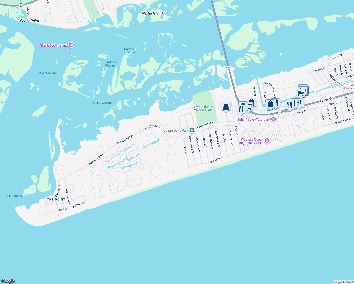 map of restaurants, bars, coffee shops, grocery stores, and more near 9715 Poseidon Rd in Emerald Isle