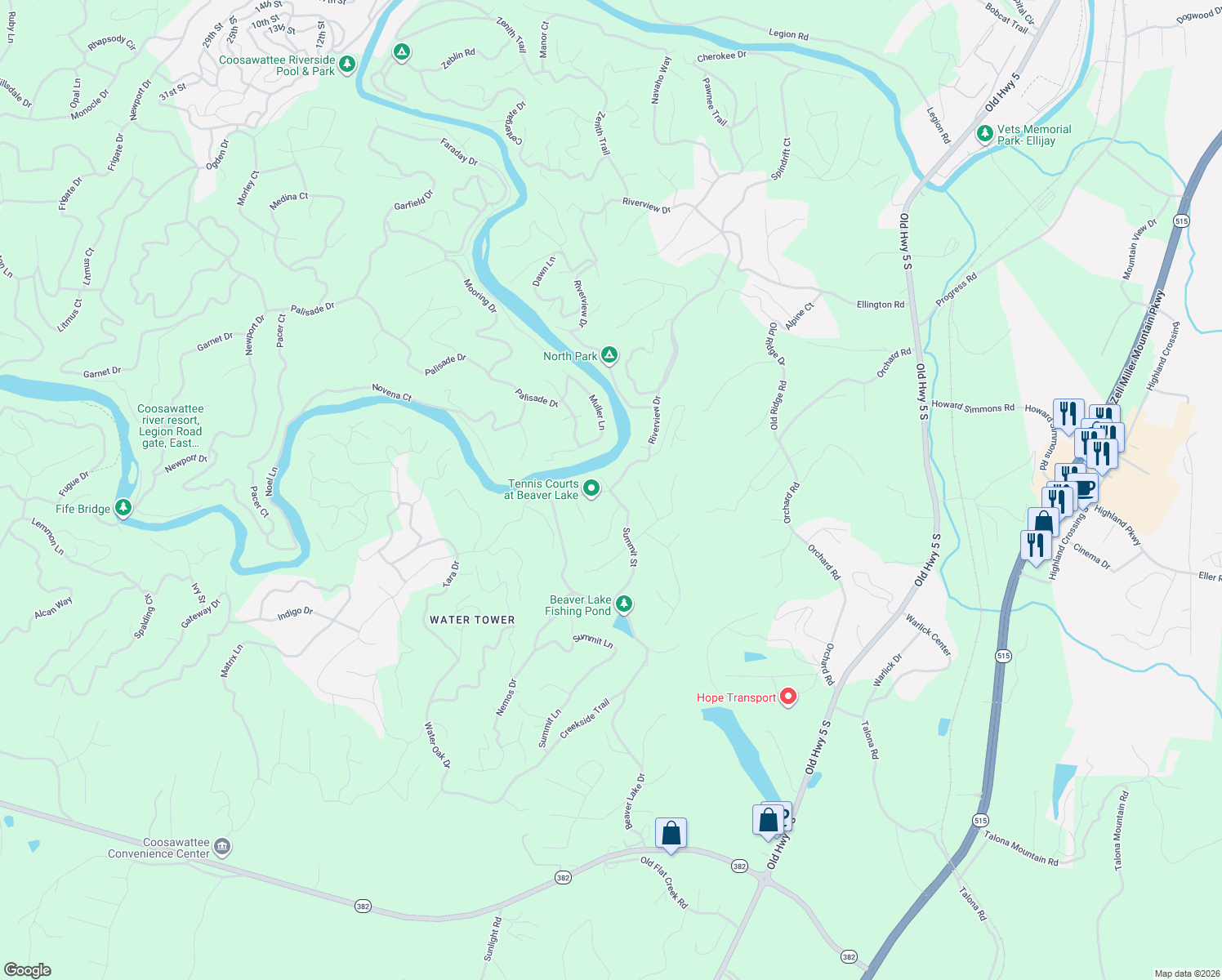 map of restaurants, bars, coffee shops, grocery stores, and more near 327 Riverview Drive in Ellijay