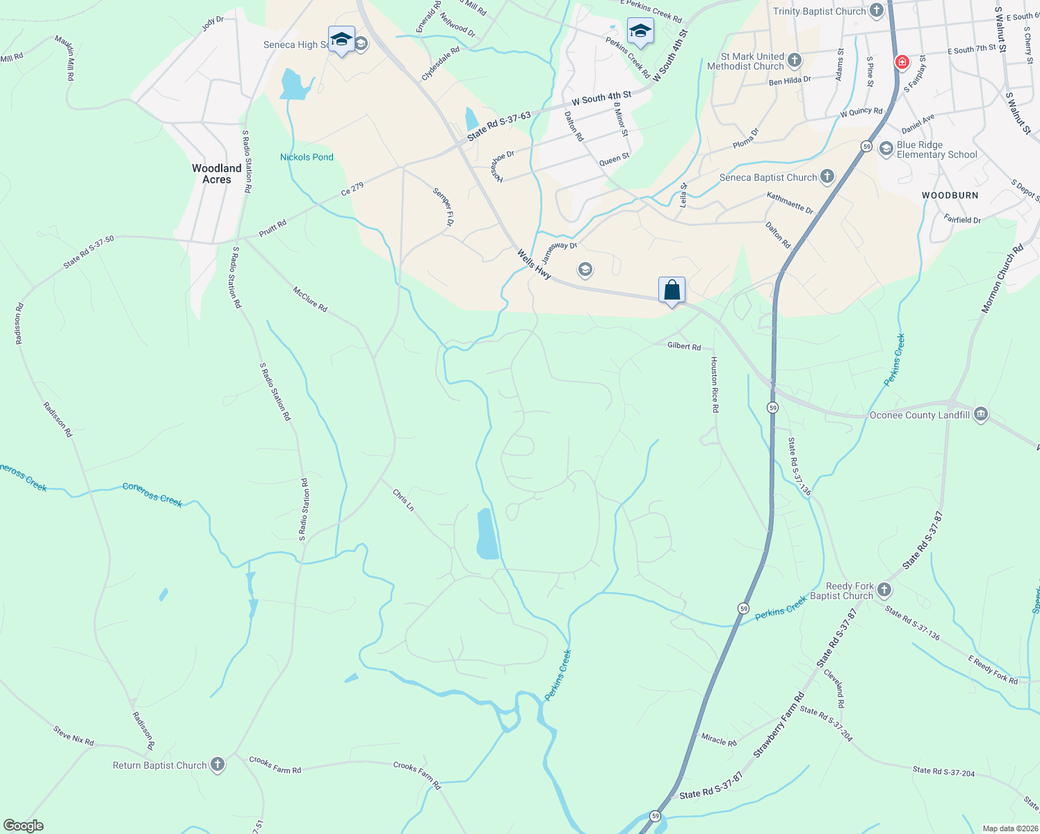 map of restaurants, bars, coffee shops, grocery stores, and more near 308 Cross Creek Drive in Seneca