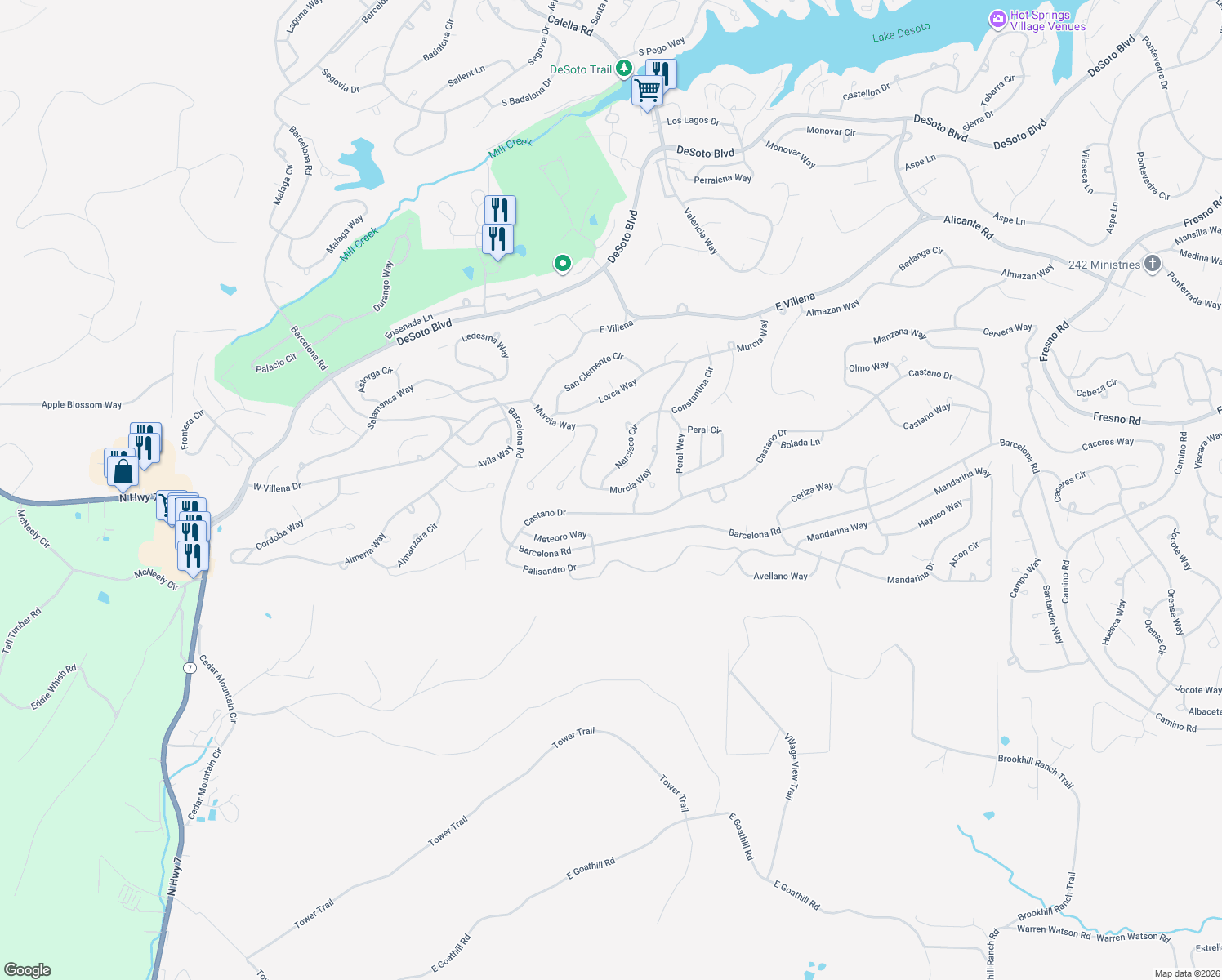 map of restaurants, bars, coffee shops, grocery stores, and more near 38 Murcia Way in Hot Springs Village