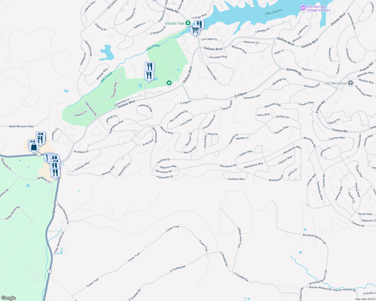 map of restaurants, bars, coffee shops, grocery stores, and more near 36 Murcia Way in Hot Springs