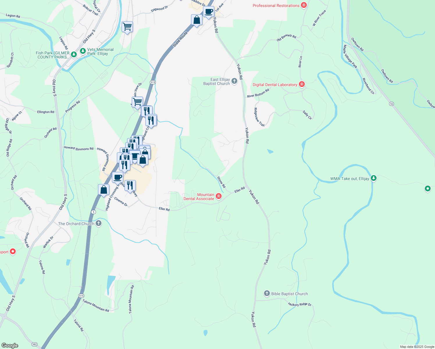 map of restaurants, bars, coffee shops, grocery stores, and more near 353 Stone Road in Ellijay