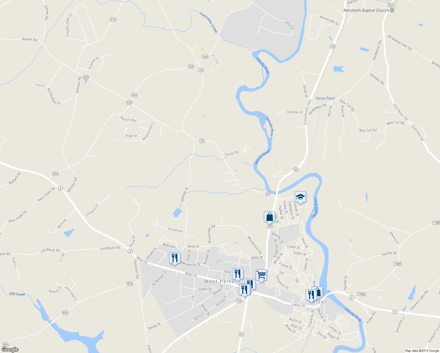 map of restaurants, bars, coffee shops, grocery stores, and more near 113 Lucky Lane in Pelzer