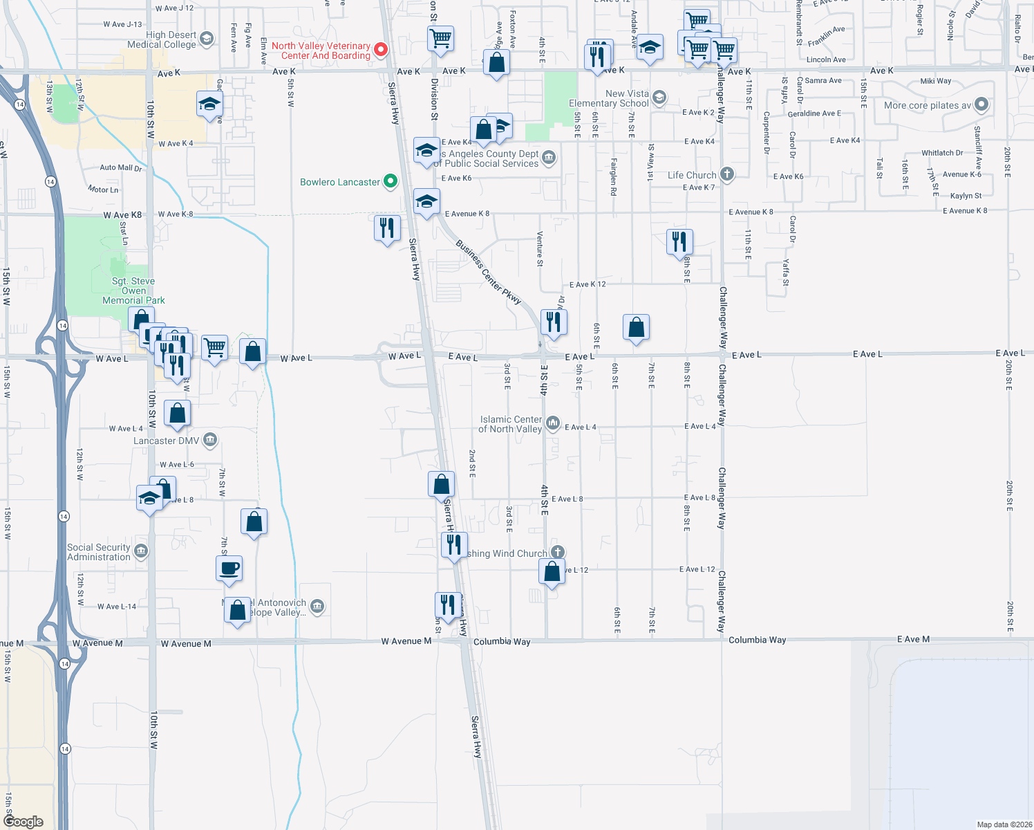 map of restaurants, bars, coffee shops, grocery stores, and more near 42622 3rd Street East in Lancaster