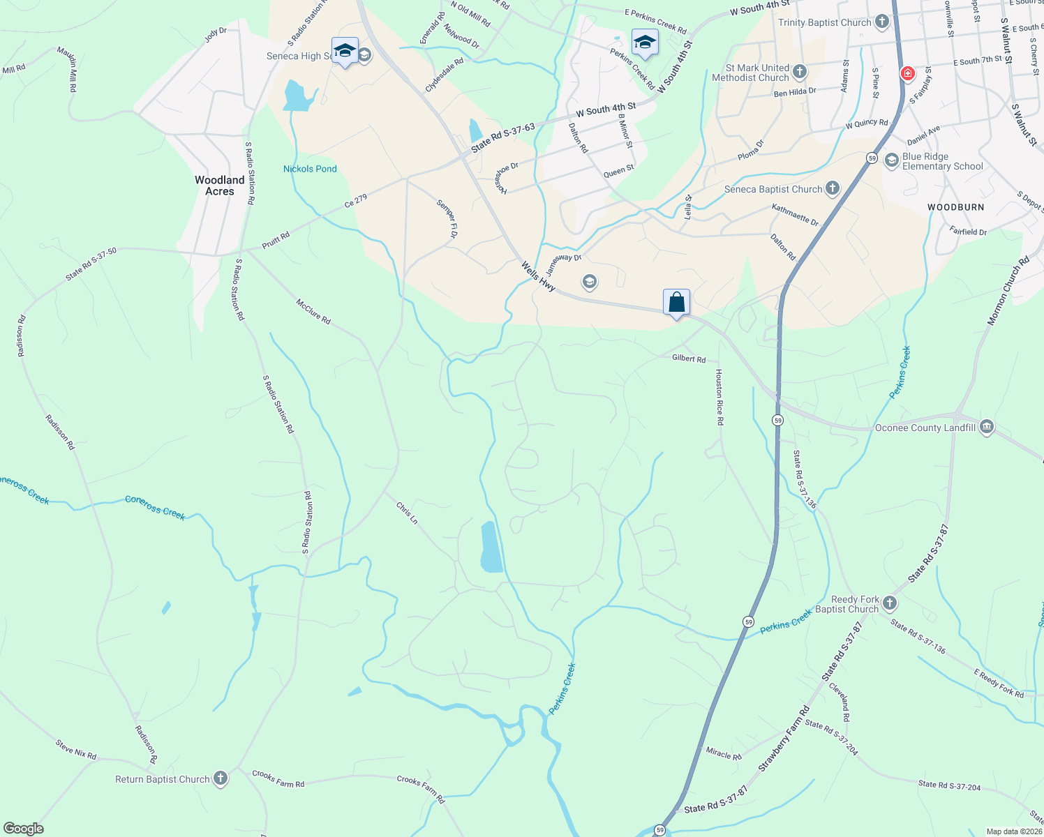 map of restaurants, bars, coffee shops, grocery stores, and more near 308 Cross Creek Drive in Seneca
