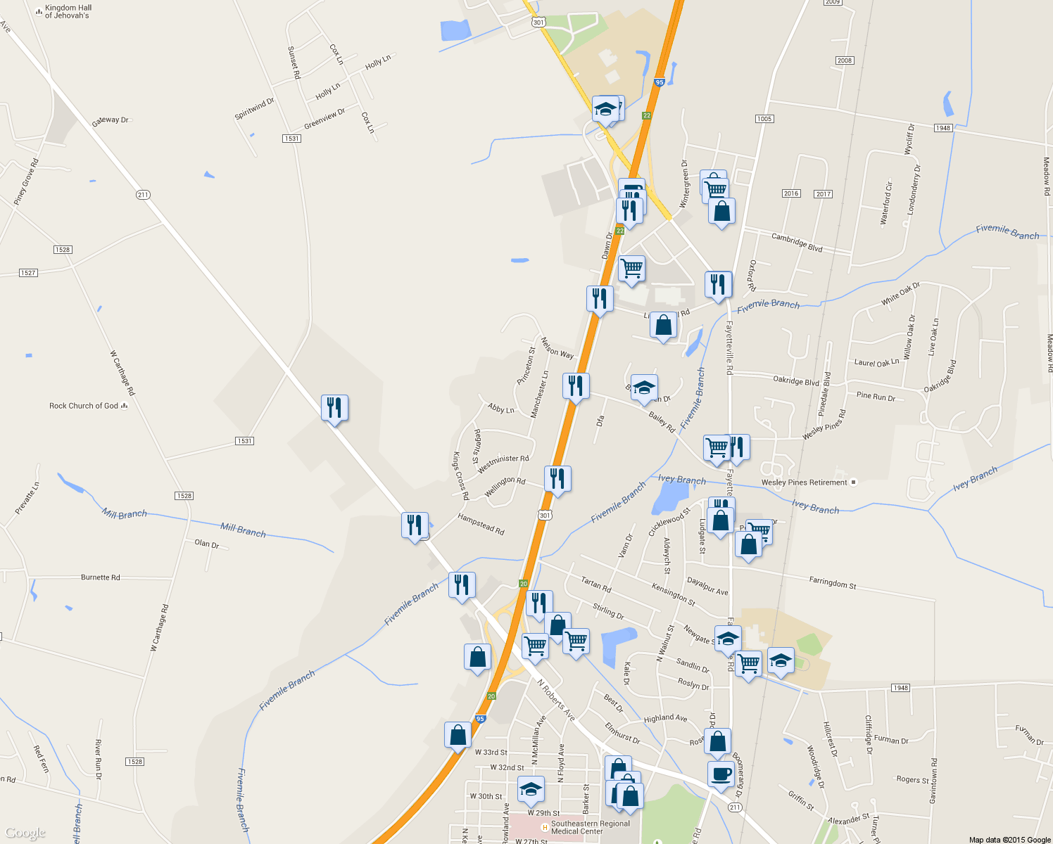 map of restaurants, bars, coffee shops, grocery stores, and more near 4025 Manchester Ln in Lumberton