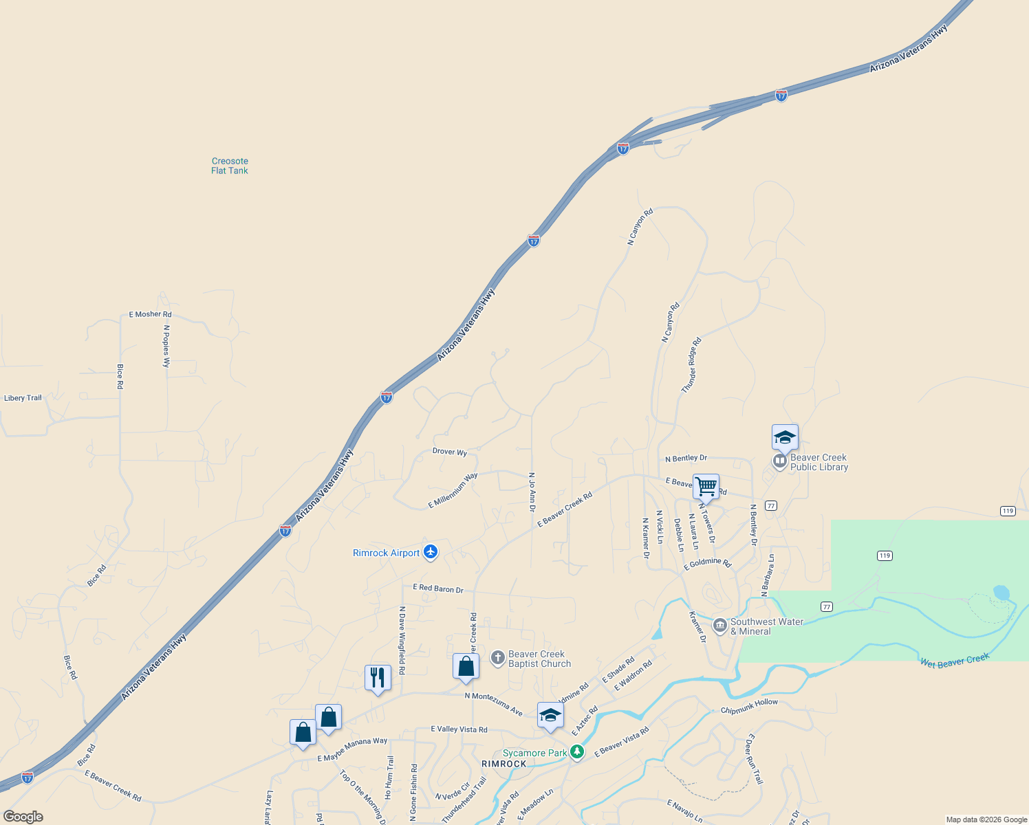 map of restaurants, bars, coffee shops, grocery stores, and more near 3870 East Camden Pass in Lake Montezuma