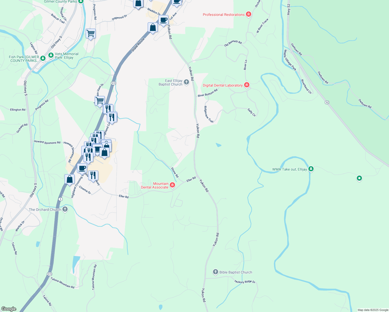 map of restaurants, bars, coffee shops, grocery stores, and more near Yukon Road in Ellijay