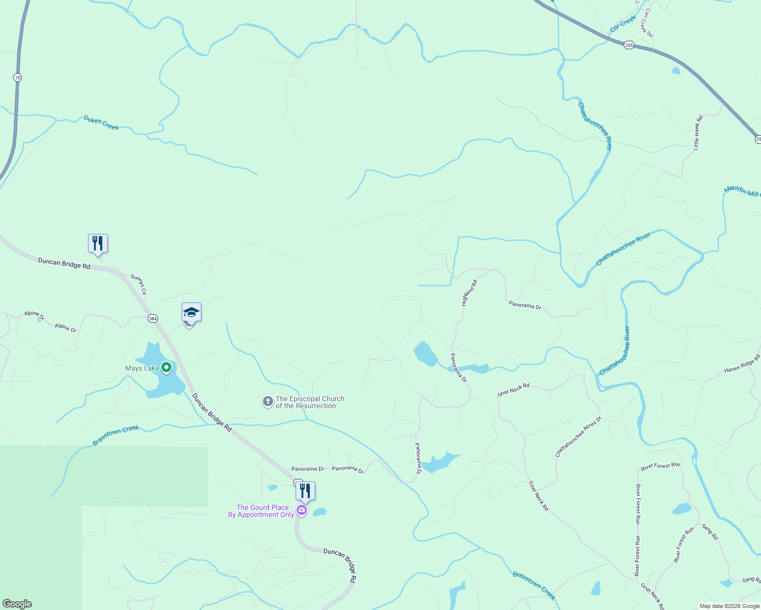 map of restaurants, bars, coffee shops, grocery stores, and more near 202 Autumn Hill Road in Sautee Nacoochee