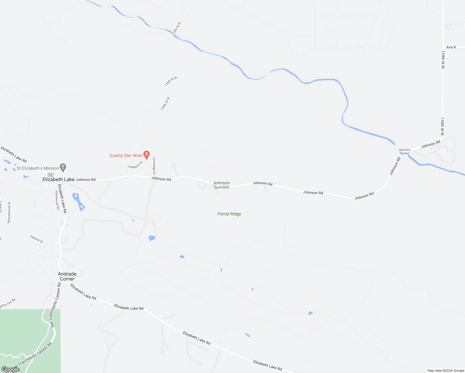 map of restaurants, bars, coffee shops, grocery stores, and more near Johnson Road in Lake Hughes