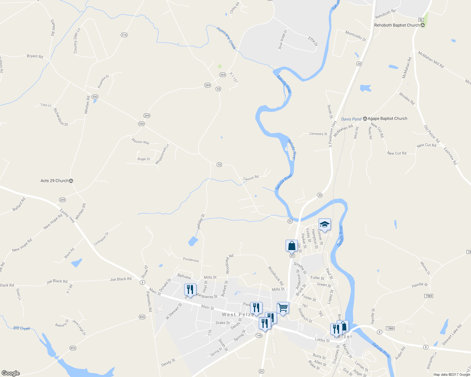 map of restaurants, bars, coffee shops, grocery stores, and more near 217 Old River Road in Pelzer