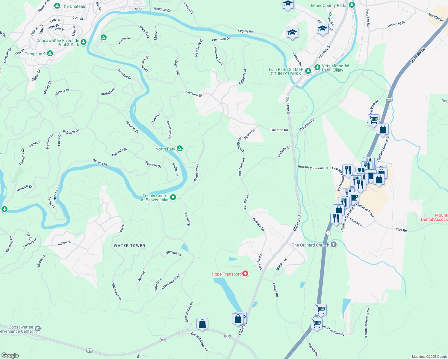 map of restaurants, bars, coffee shops, grocery stores, and more near 134 Victoria Way in Ellijay