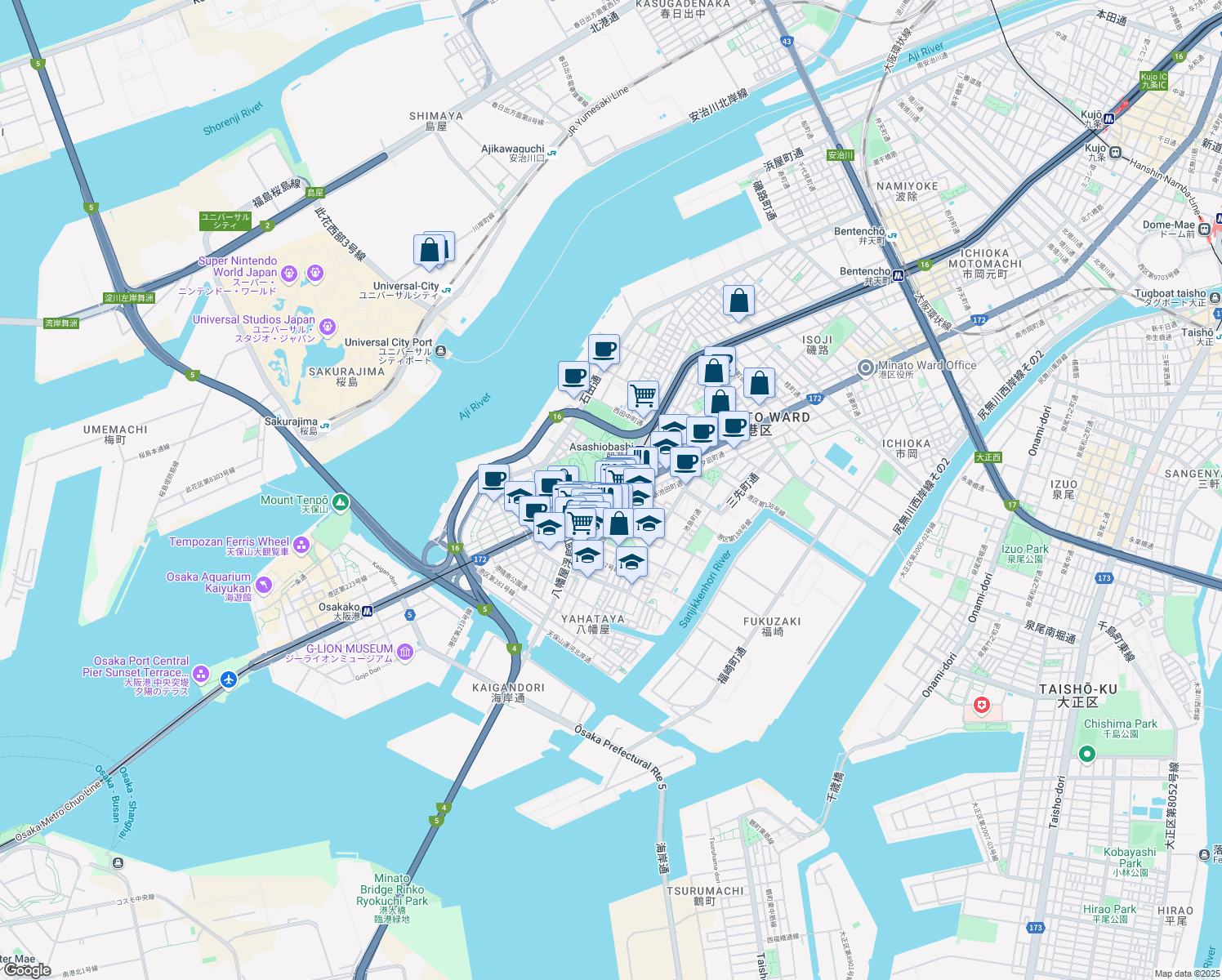 map of restaurants, bars, coffee shops, grocery stores, and more near Minato Dori in Minato Ward