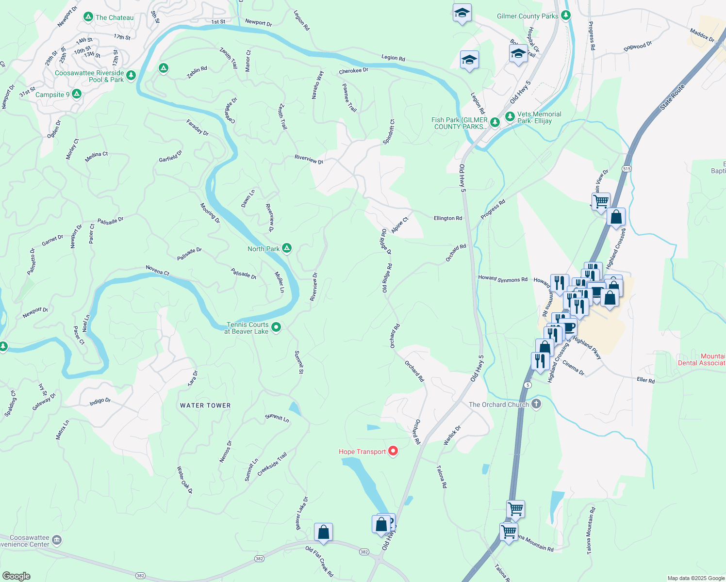 map of restaurants, bars, coffee shops, grocery stores, and more near 134 Victoria Way in Ellijay