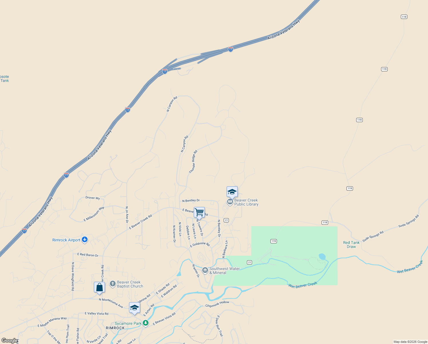 map of restaurants, bars, coffee shops, grocery stores, and more near 4780 East Sedona View Circle in Lake Montezuma