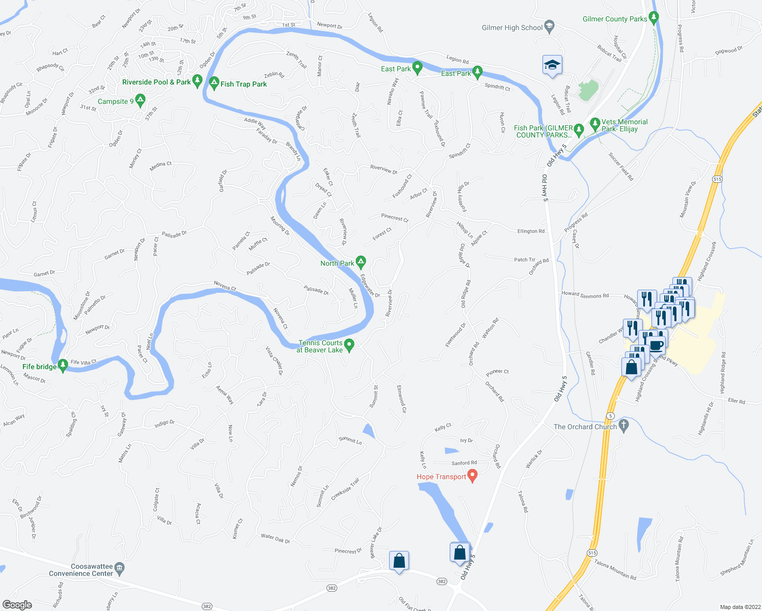 map of restaurants, bars, coffee shops, grocery stores, and more near 327 Riverview Drive in Ellijay