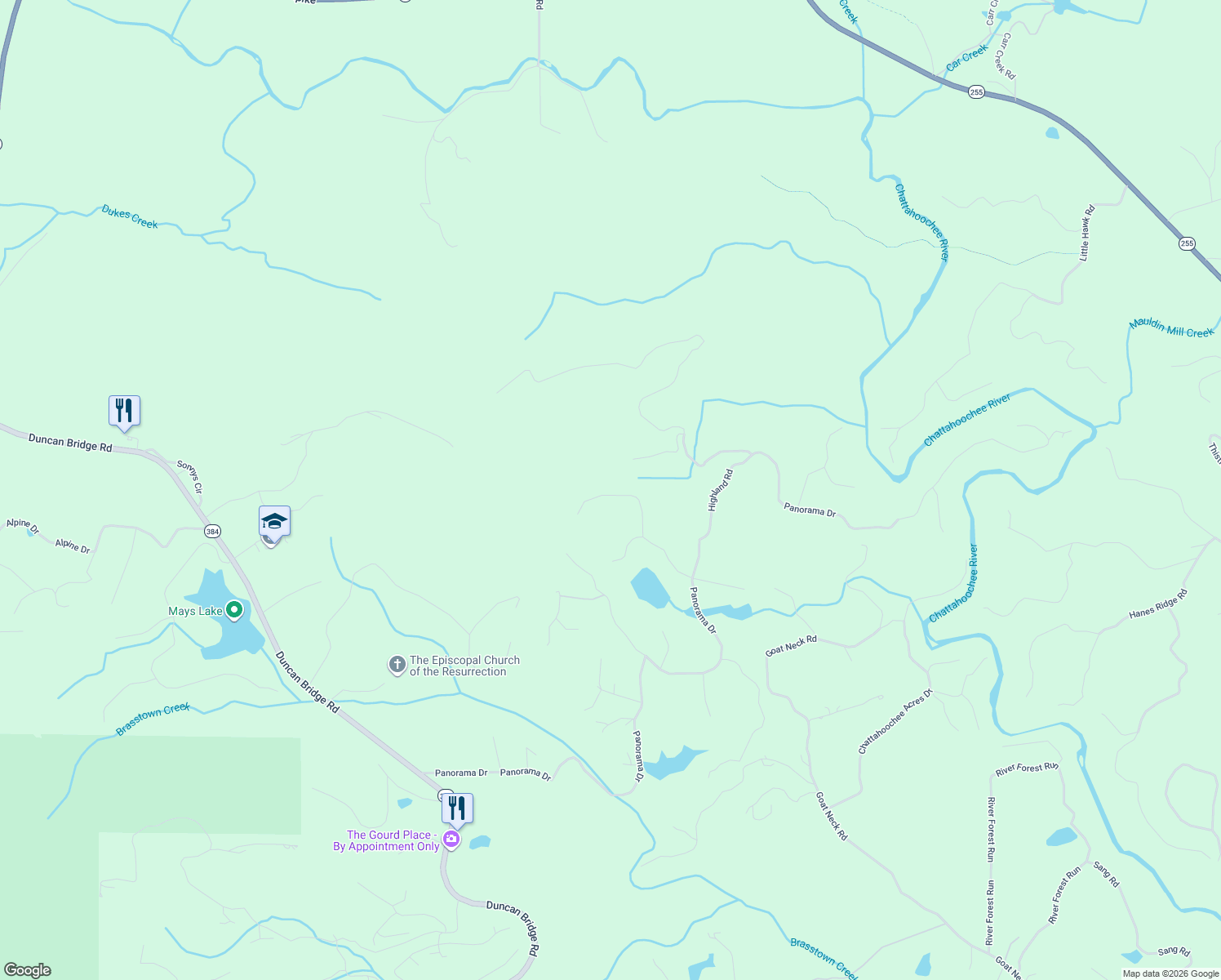 map of restaurants, bars, coffee shops, grocery stores, and more near 202 Autumn Hill Road in Sautee Nacoochee