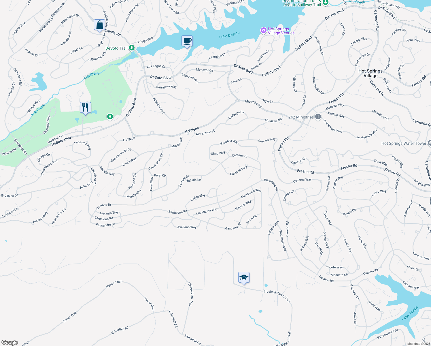 map of restaurants, bars, coffee shops, grocery stores, and more near 51 Castano Drive in Hot Springs