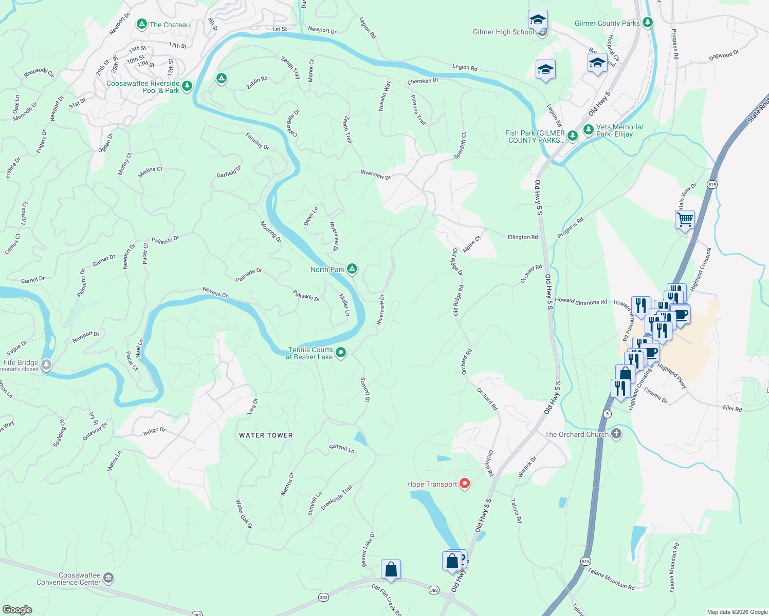 map of restaurants, bars, coffee shops, grocery stores, and more near 5 Cherokee Court in Ellijay