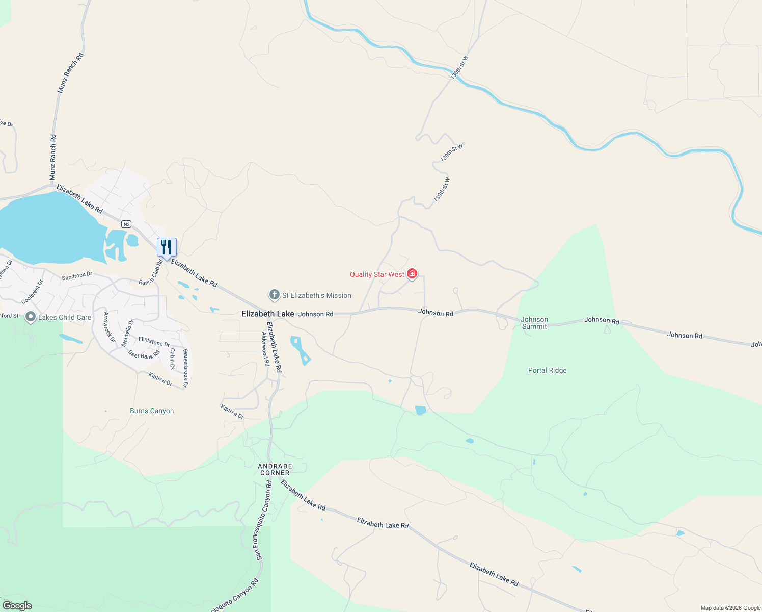 map of restaurants, bars, coffee shops, grocery stores, and more near 42813 Leadhill Drive in Lake Hughes