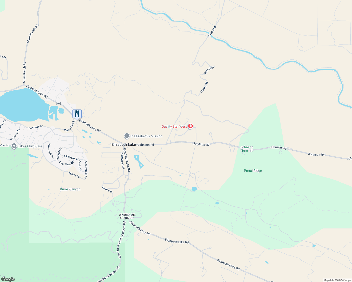 map of restaurants, bars, coffee shops, grocery stores, and more near Johnson Road in Lake Hughes