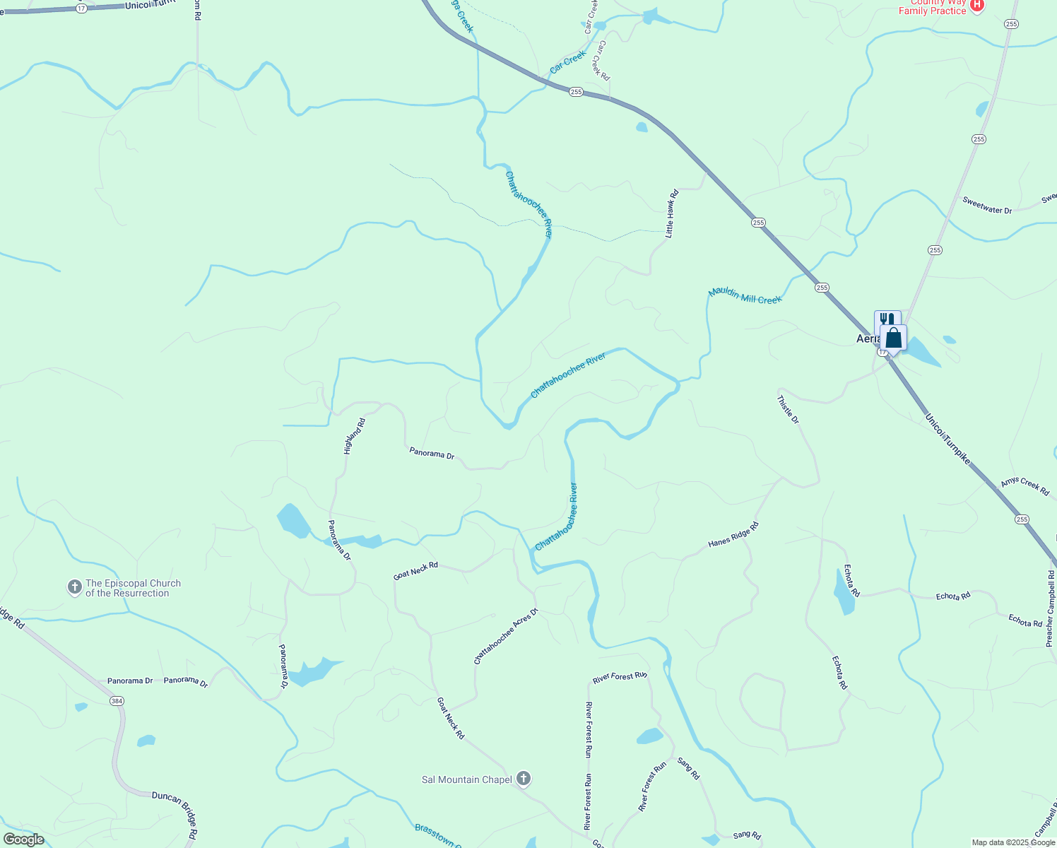 map of restaurants, bars, coffee shops, grocery stores, and more near 2831 Panorama Drive in Sautee Nacoochee