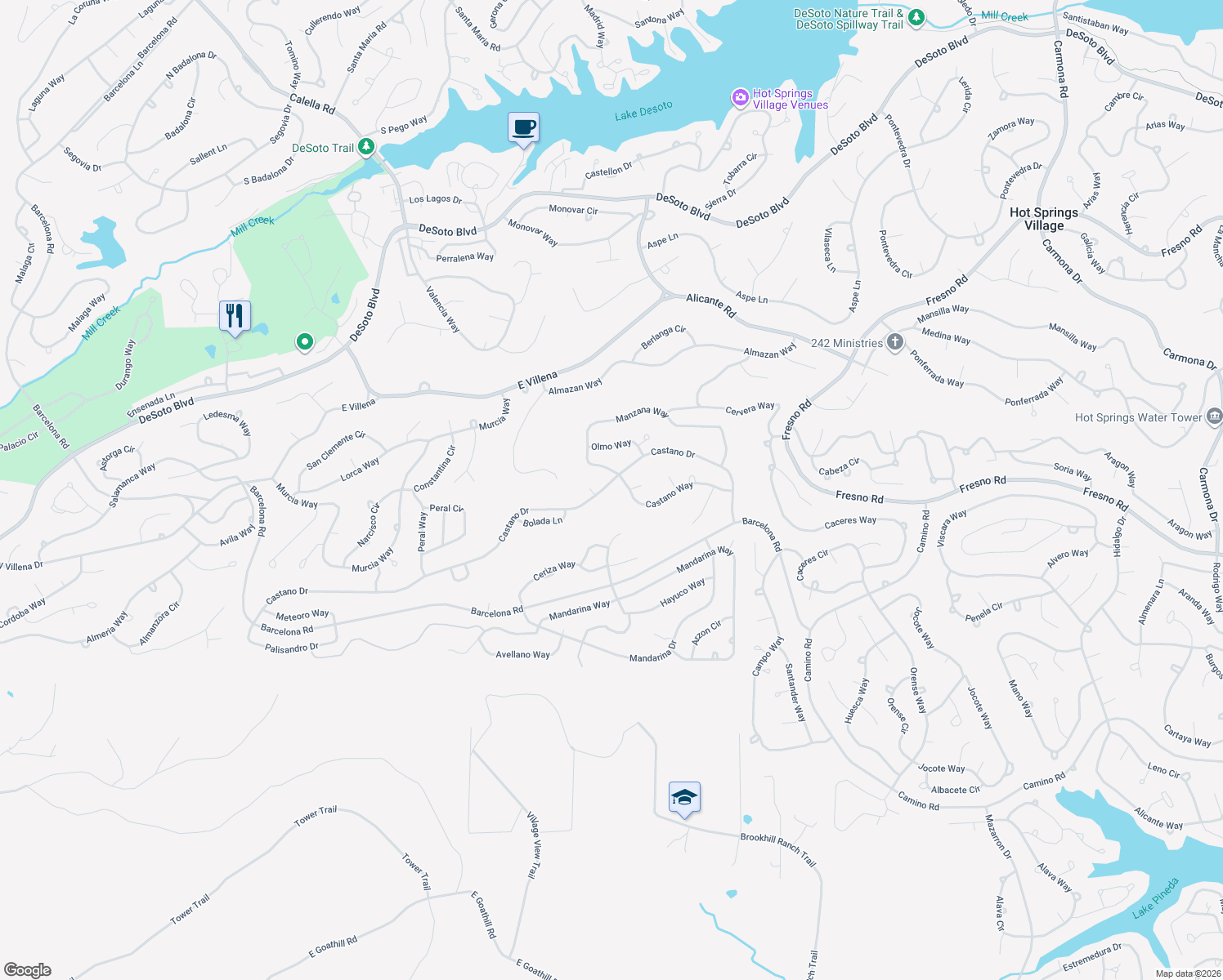 map of restaurants, bars, coffee shops, grocery stores, and more near 51 Castano Drive in Hot Springs