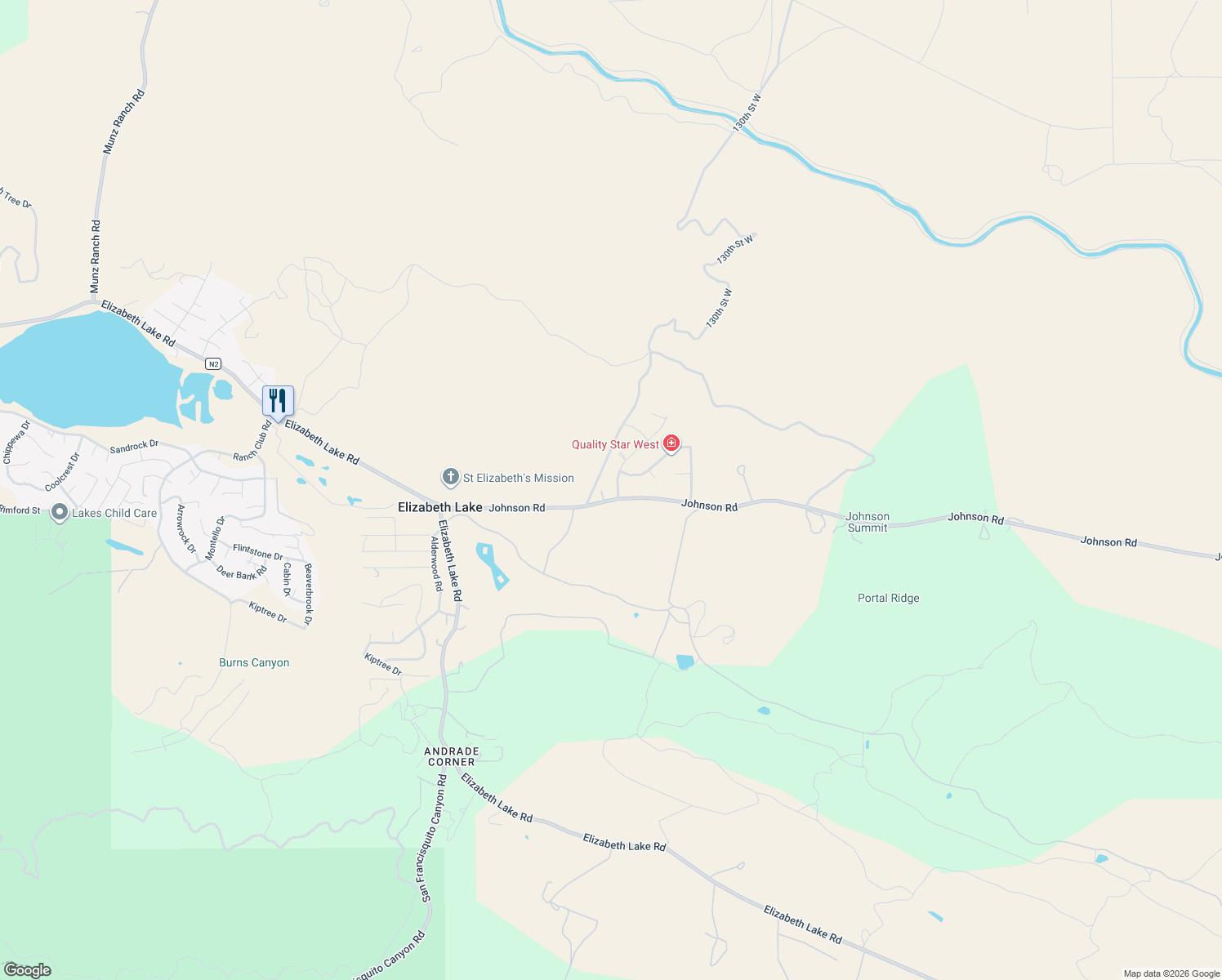 map of restaurants, bars, coffee shops, grocery stores, and more near 42813 Leadhill Drive in Lake Hughes