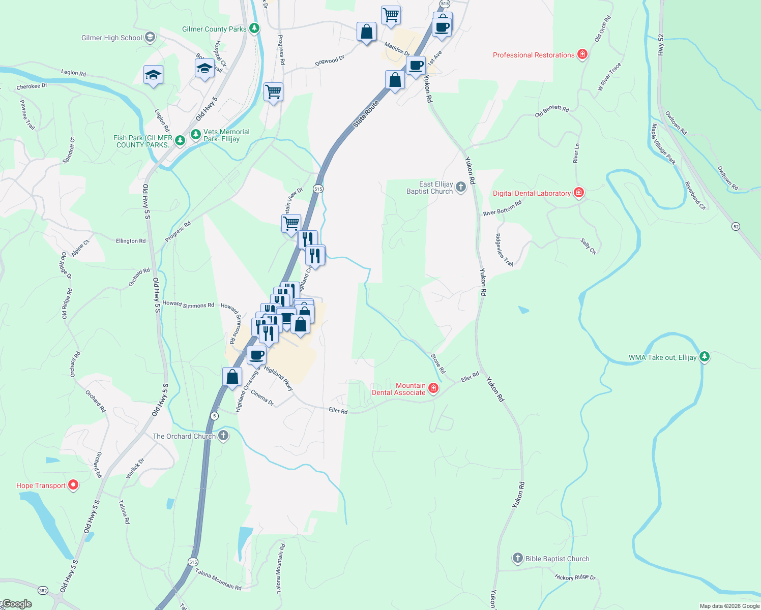 map of restaurants, bars, coffee shops, grocery stores, and more near 472 Stone Road in Ellijay