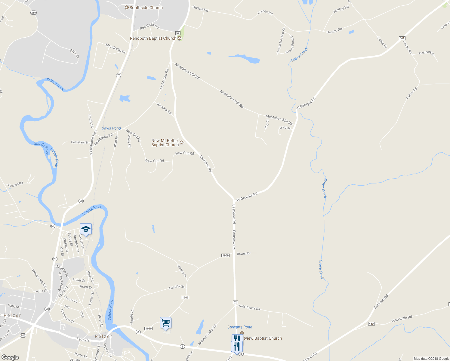 map of restaurants, bars, coffee shops, grocery stores, and more near 524 Eastview Road in Pelzer