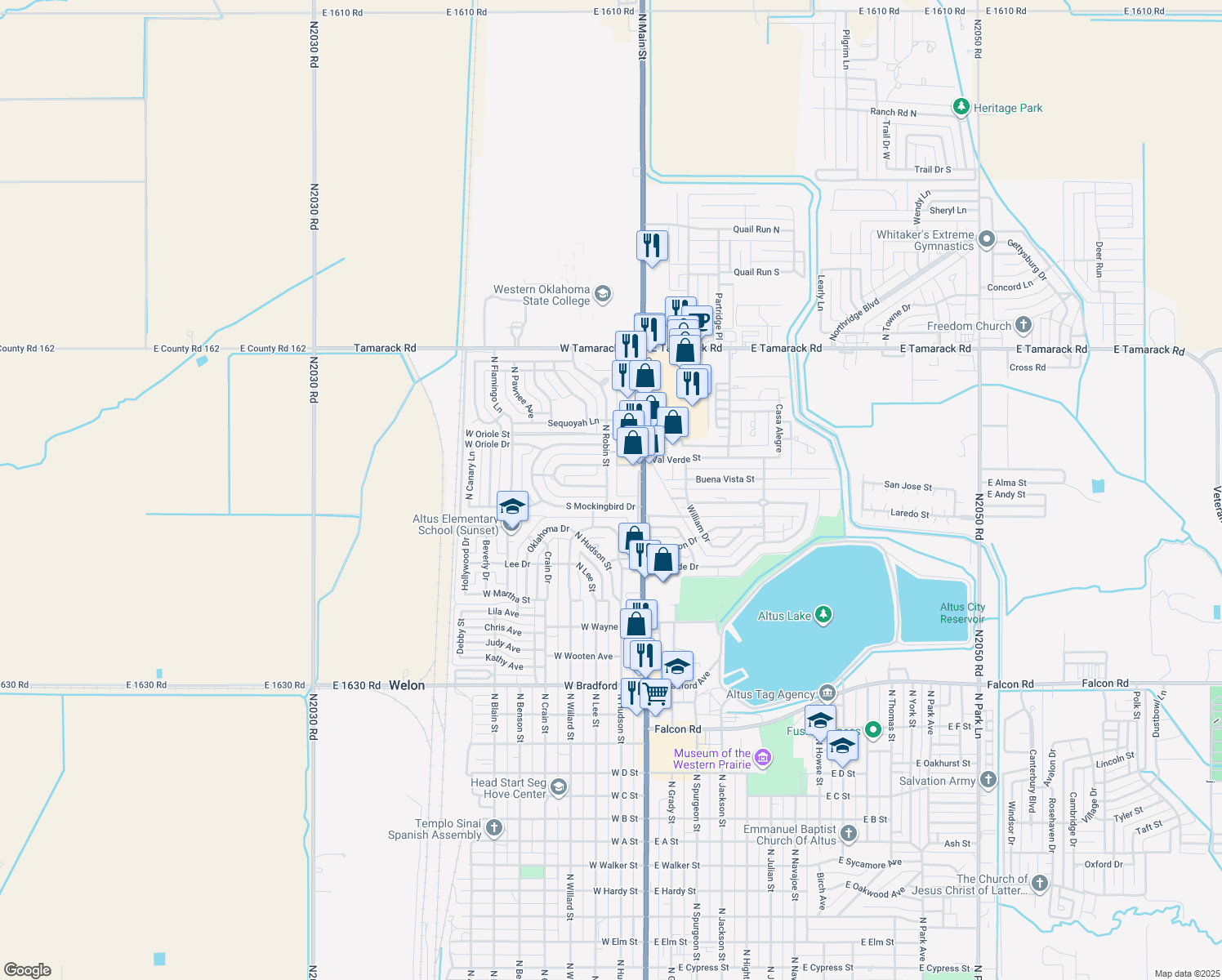 map of restaurants, bars, coffee shops, grocery stores, and more near 1908 North Robin Street in Altus