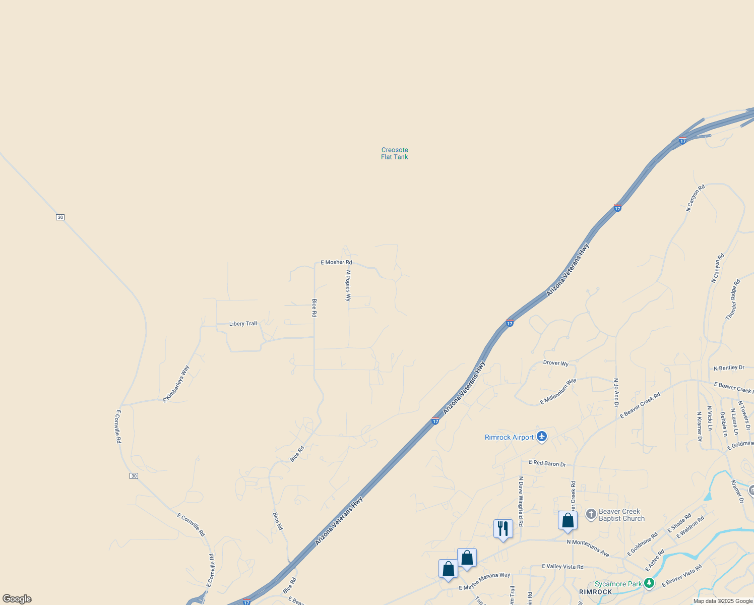 map of restaurants, bars, coffee shops, grocery stores, and more near 2755 East Lupine Lane in Lake Montezuma