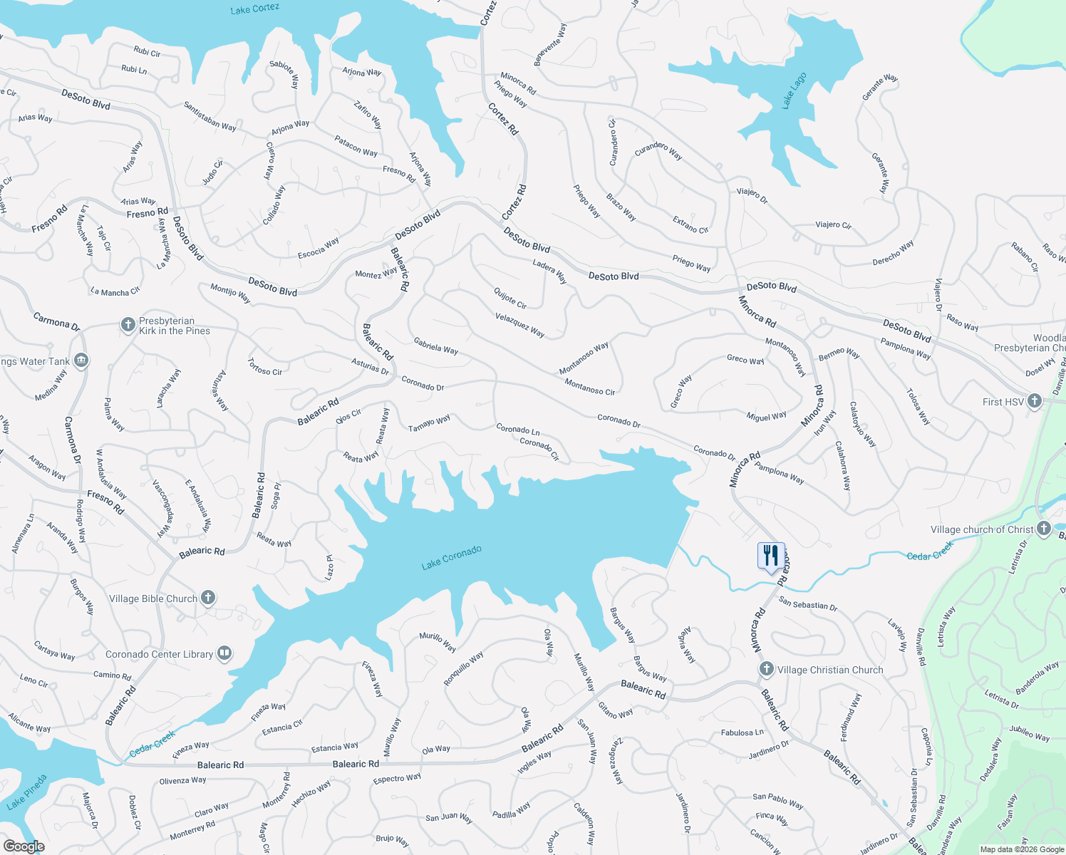 map of restaurants, bars, coffee shops, grocery stores, and more near 23 Coronado Lane in Hot Springs Village