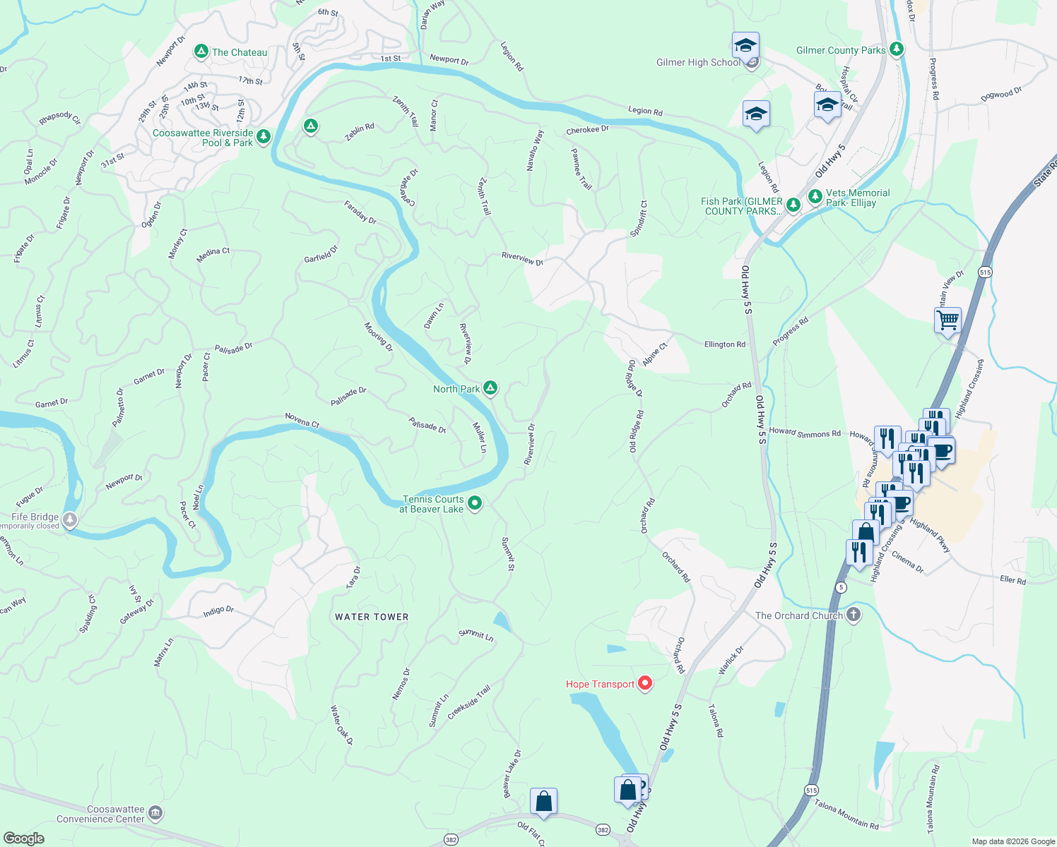 map of restaurants, bars, coffee shops, grocery stores, and more near 5 Cherokee Court in Ellijay