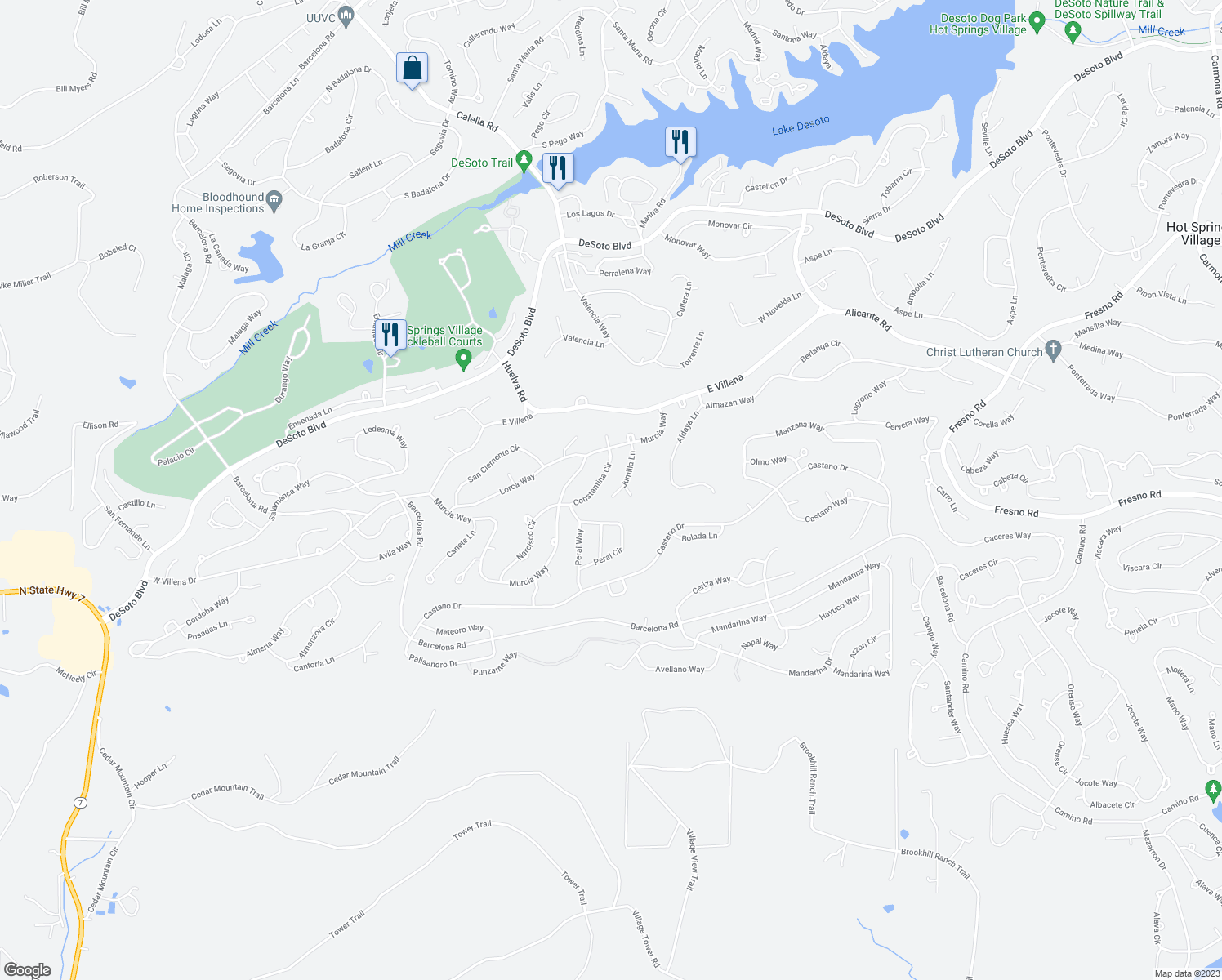 map of restaurants, bars, coffee shops, grocery stores, and more near 21 Jumilla Lane in Hot Springs