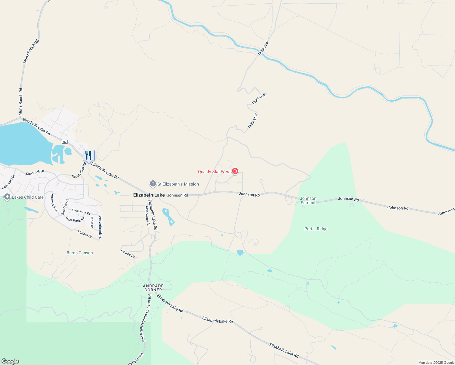 map of restaurants, bars, coffee shops, grocery stores, and more near McCloud Drive in Elizabeth Lake