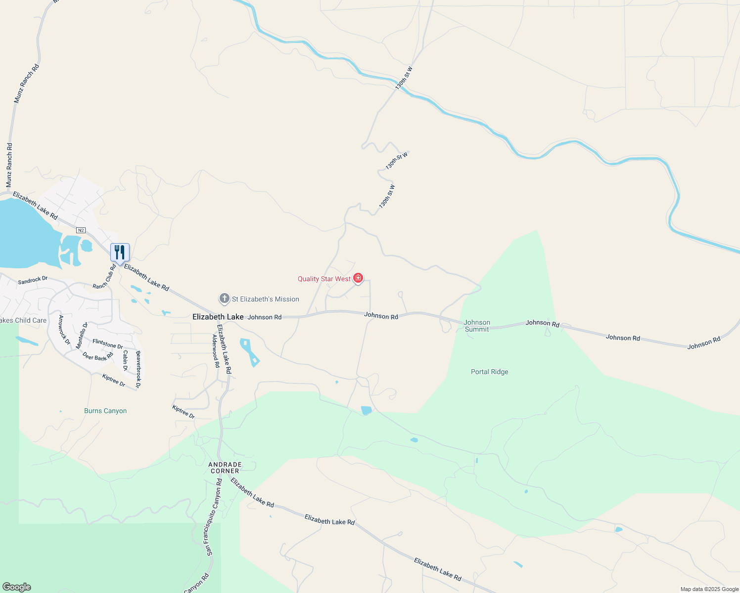 map of restaurants, bars, coffee shops, grocery stores, and more near Limeridge Drive in Elizabeth Lake